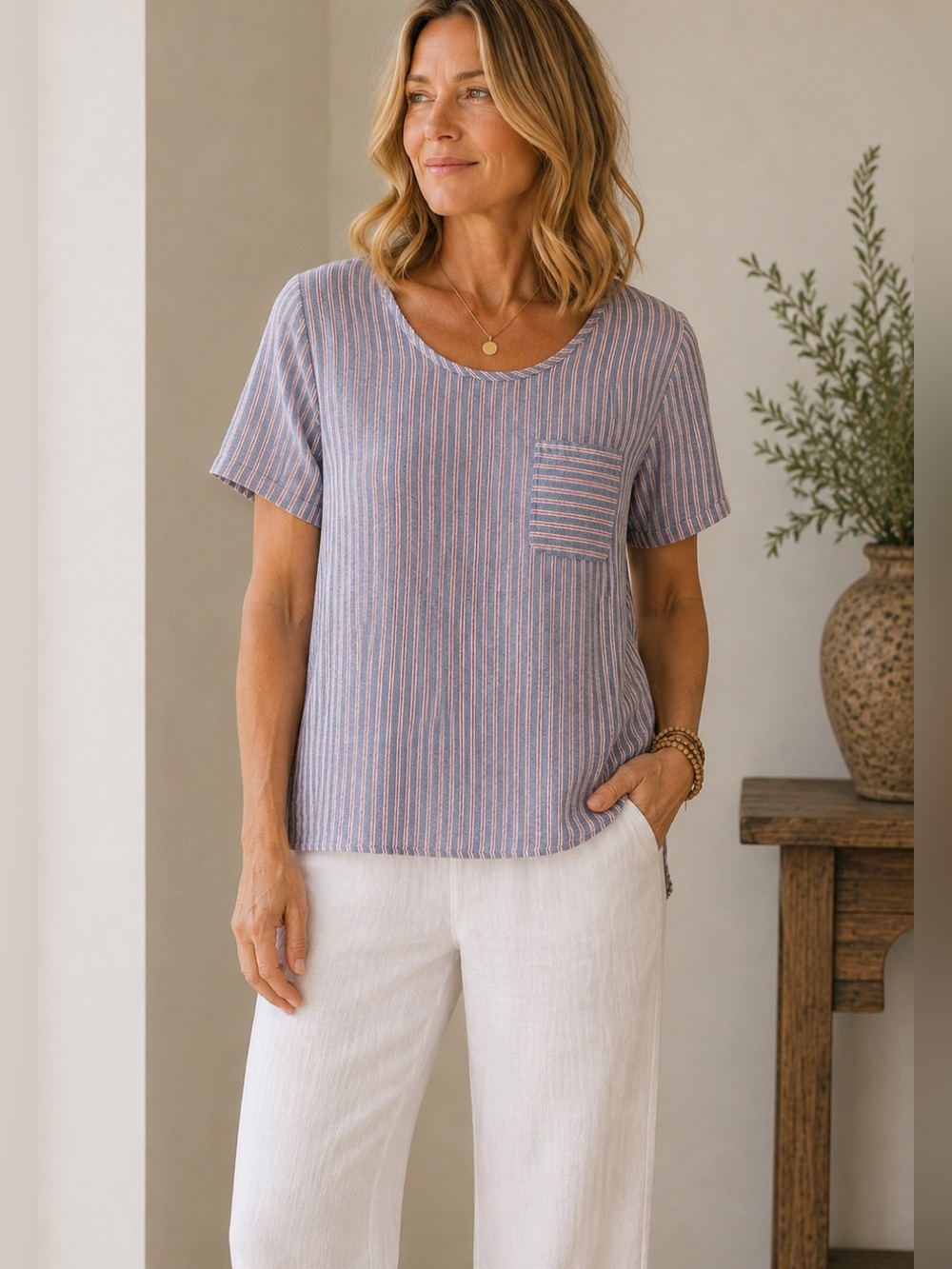 Nicole Miller 100% Linen Striped Pocket Top Beach Boho Resort Size S